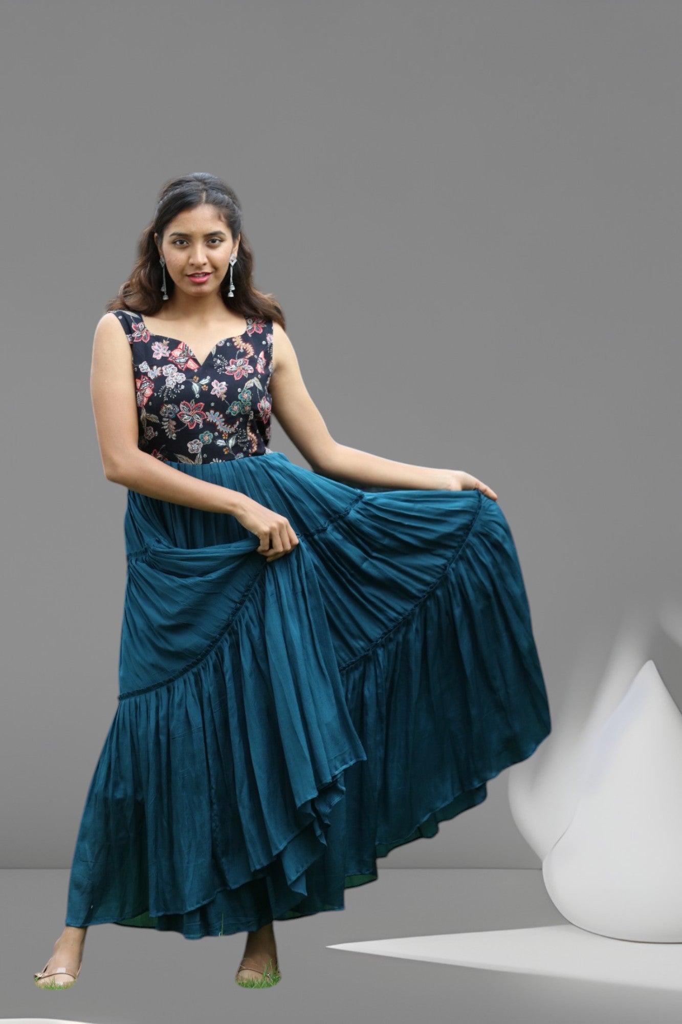 Peacock Blue Chinon Maxi Dress - AZZLIAS WARDROBE