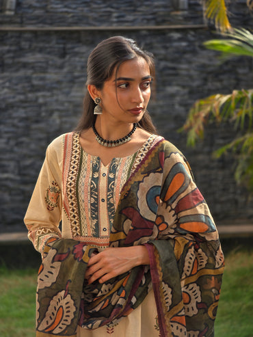 Cream Dress With Kalamkari Dupatta