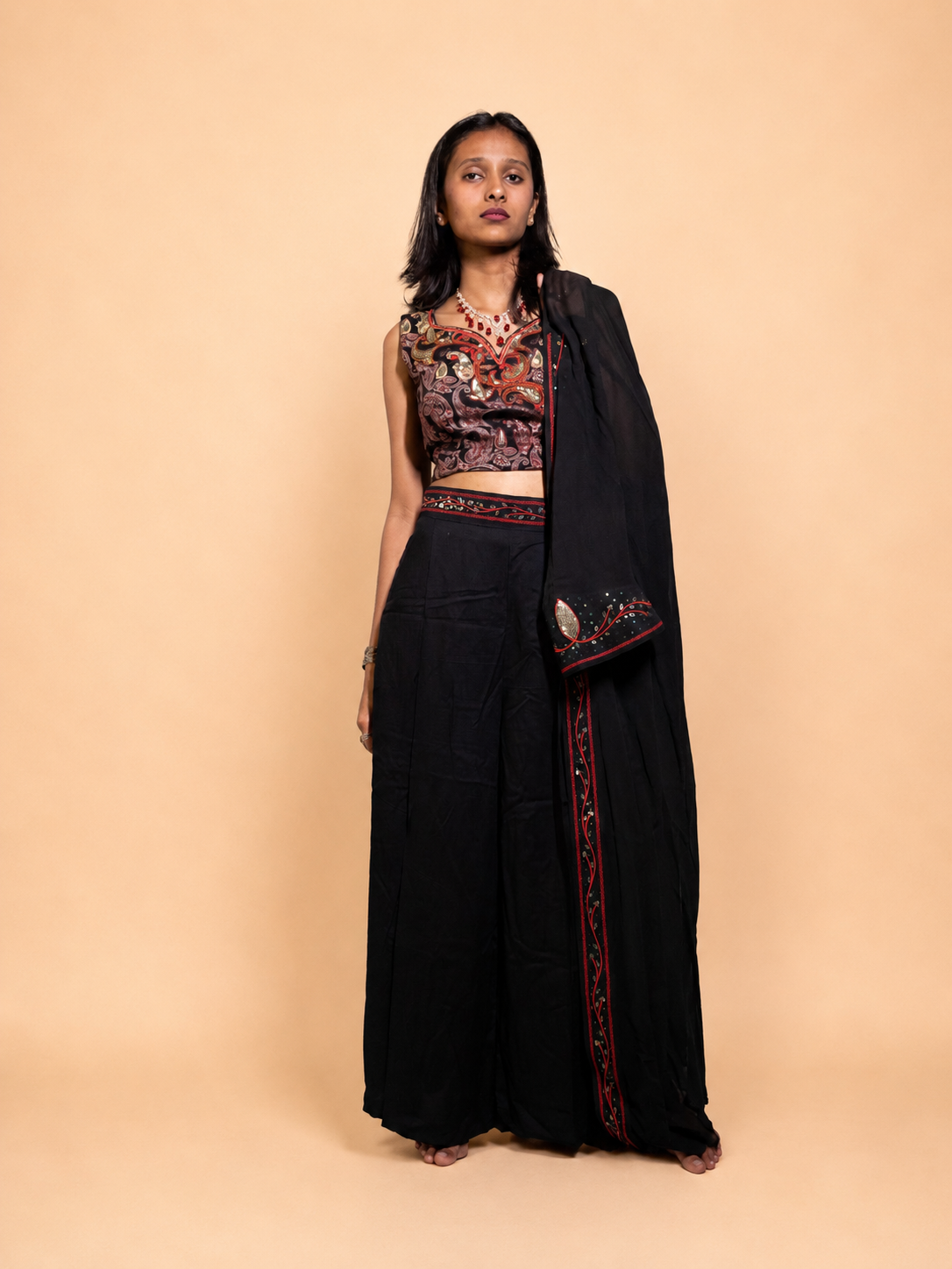 Black Crop Top Set With Long Jacket