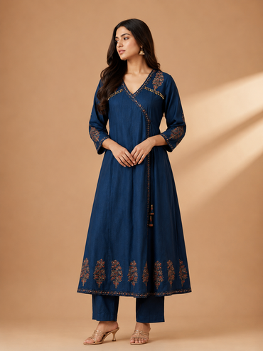 Midnight Blue Angarakha Anarkali Suit Set