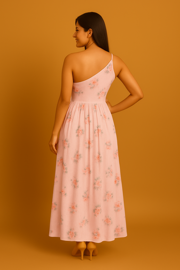 Pink Asymmetric Neckline Dress - AZZLIAS WARDROBE