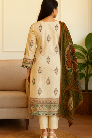 Cream Dress With Kalamkari Dupatta - AZZLIAS WARDROBE