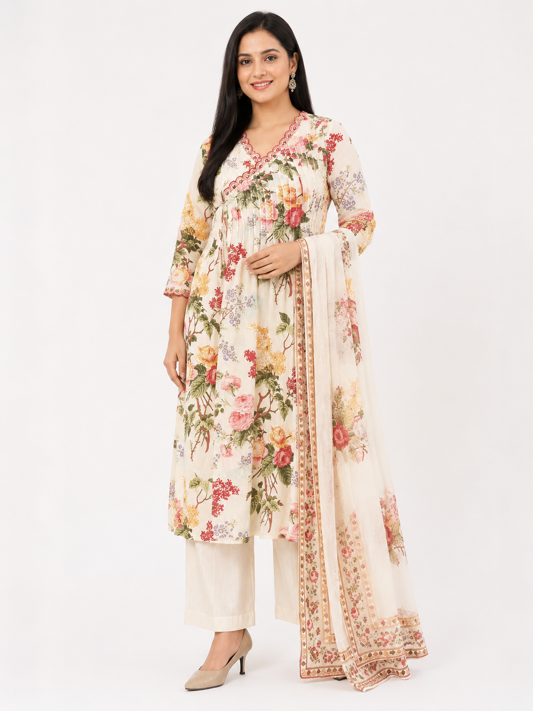 White Floral V neckline Dress