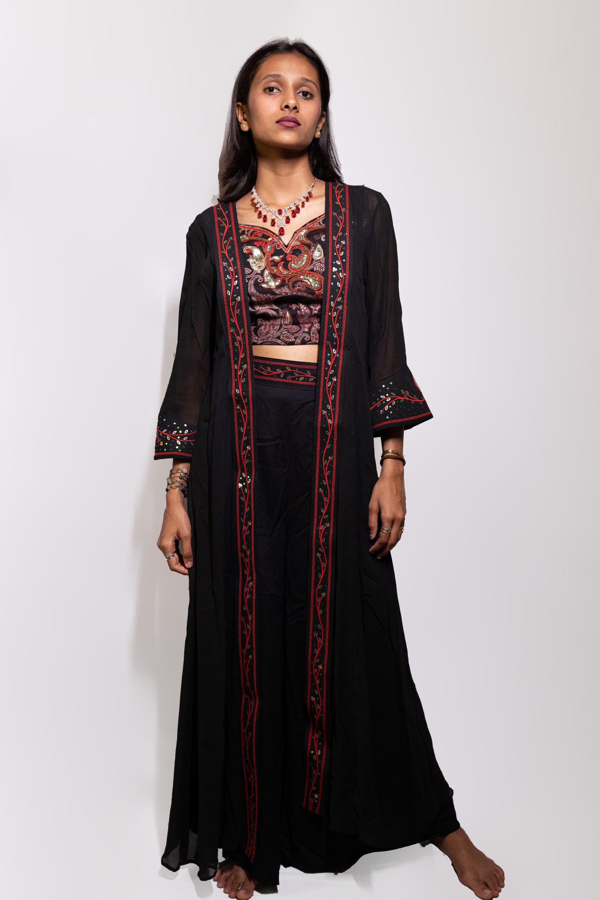 Black Crop Top Set With Long Jacket - AZZLIAS WARDROBE