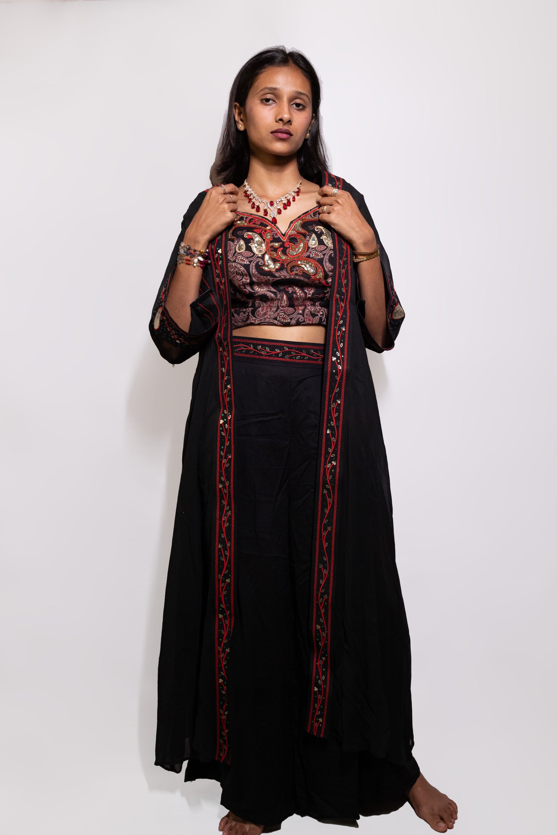 Black Crop Top Set With Long Jacket - AZZLIAS WARDROBE