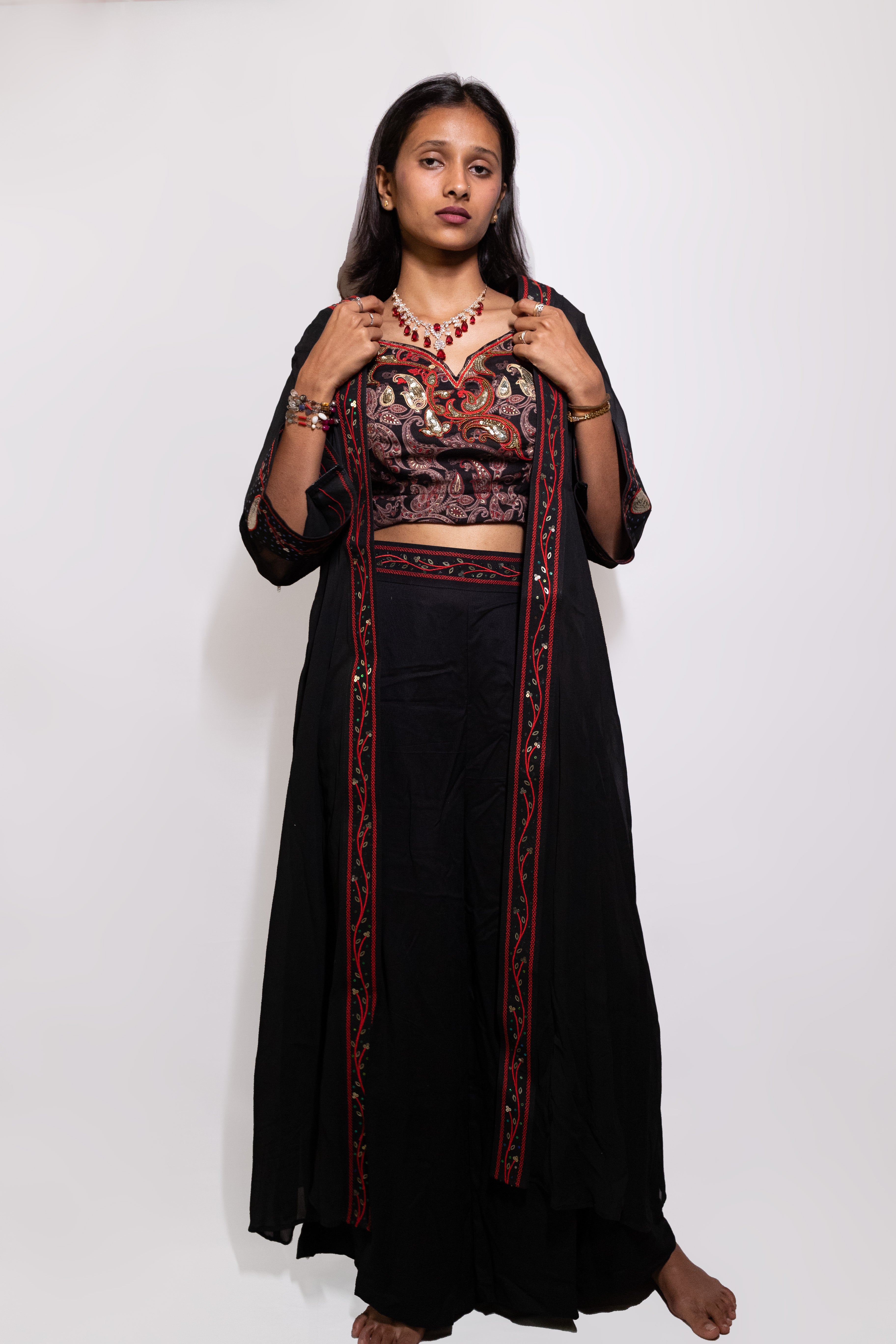 Black Crop Top Set With Long Jacket - AZZLIAS WARDROBE