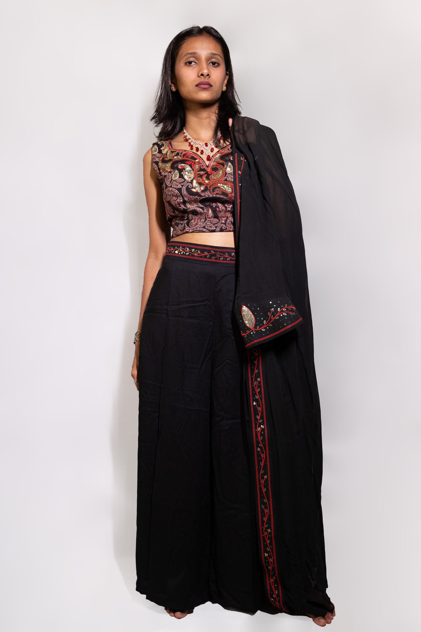 Black Crop Top Set With Long Jacket - AZZLIAS WARDROBE