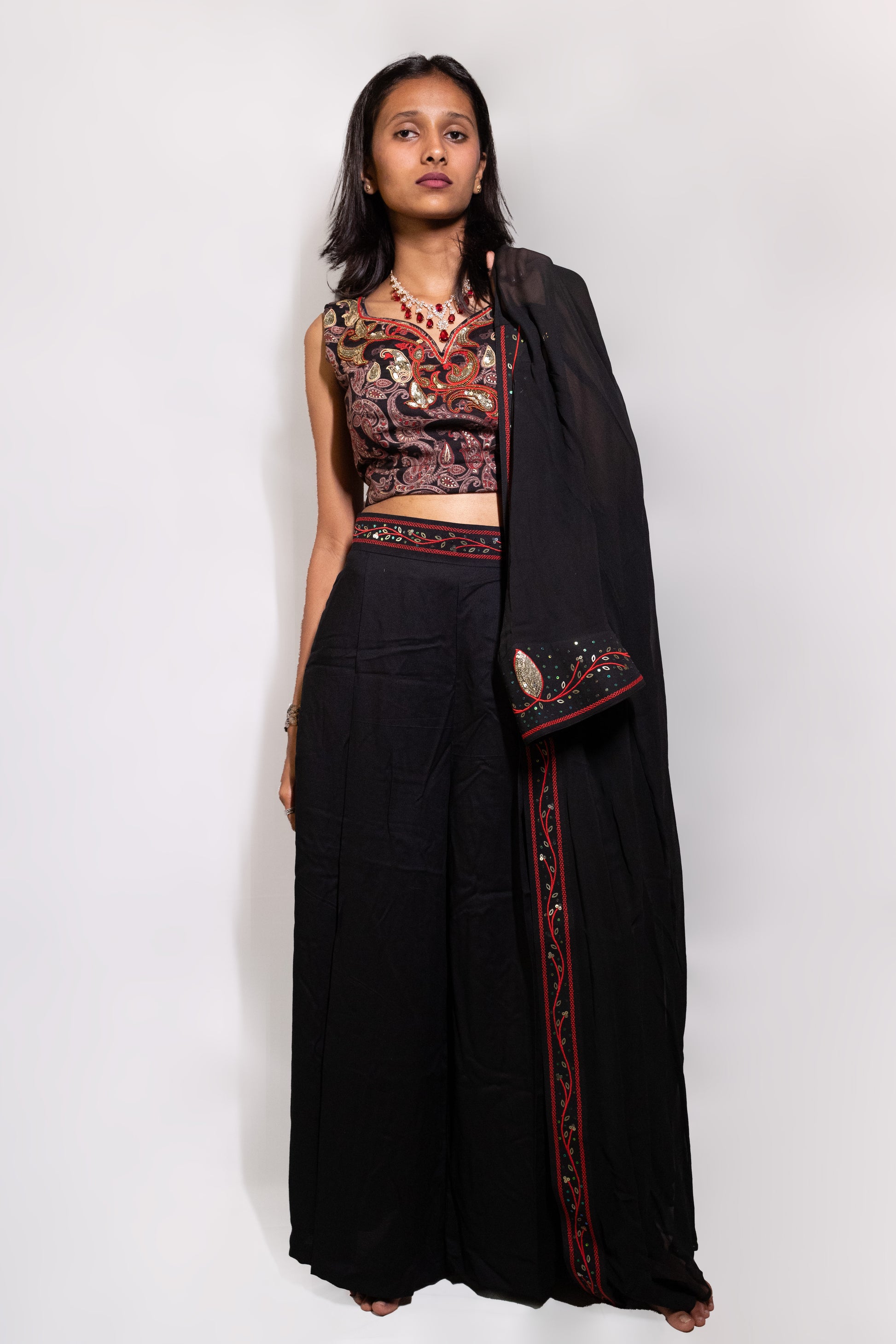 Black Crop Top Set With Long Jacket - AZZLIAS WARDROBE