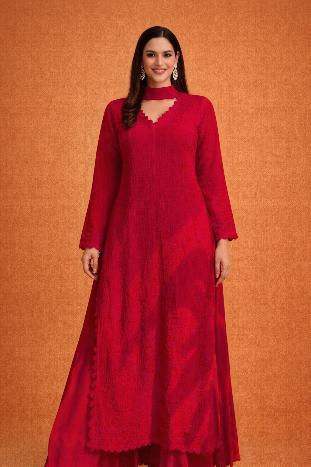 Red Chikankari Ethnic Set - AZZLIAS WARDROBE