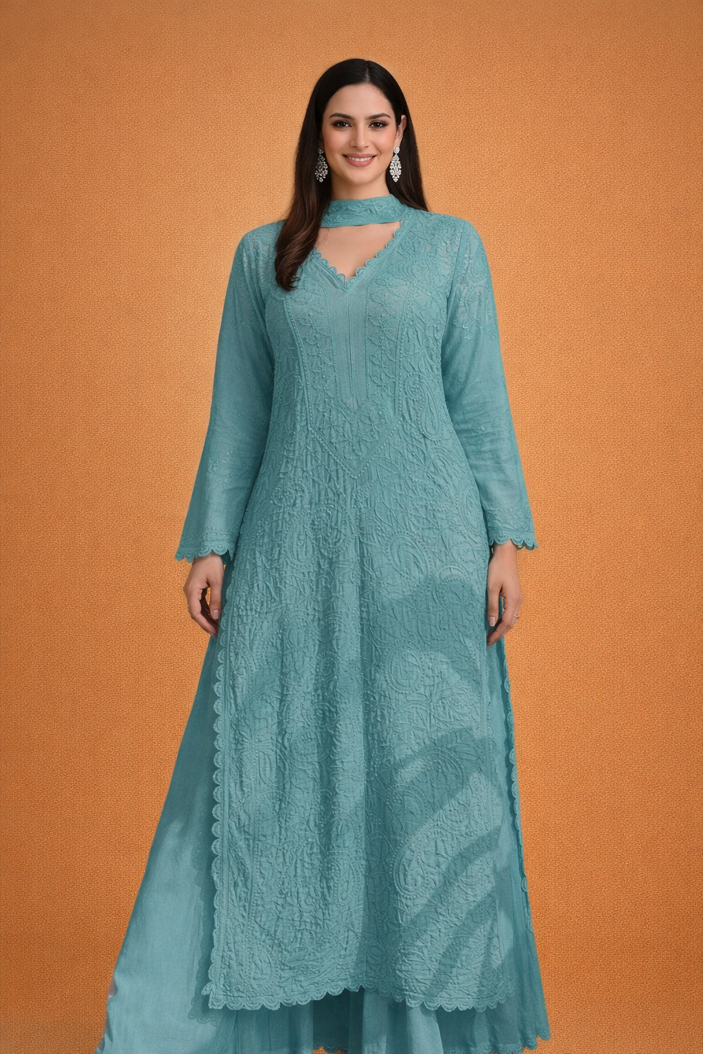 Teal Green Chikankari Ethnic Set - AZZLIAS WARDROBE