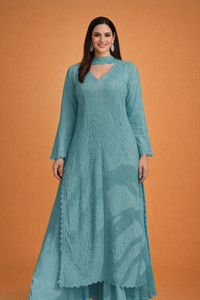 Teal Green Chikankari Ethnic Set - AZZLIAS WARDROBE