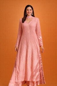 Peach Chikankari Ethnic Set - AZZLIAS WARDROBE