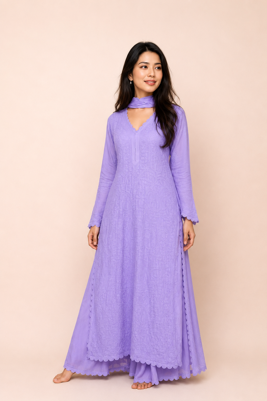 Lavender Chickankari Ethnic Set