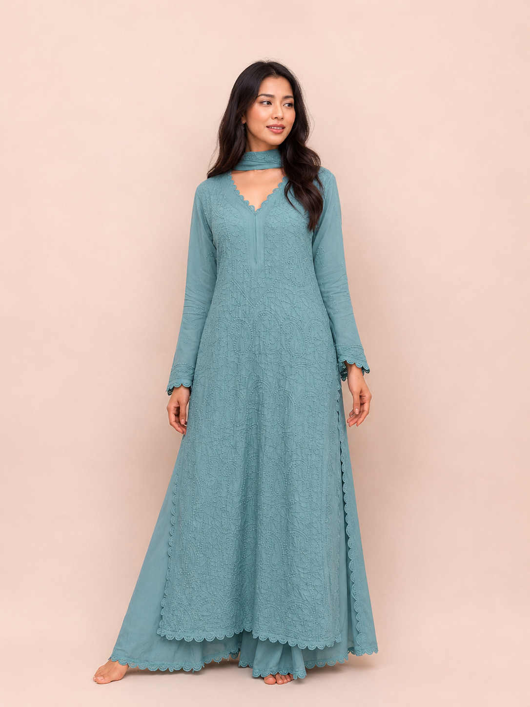 Teal Green Chikankari Ethnic Set