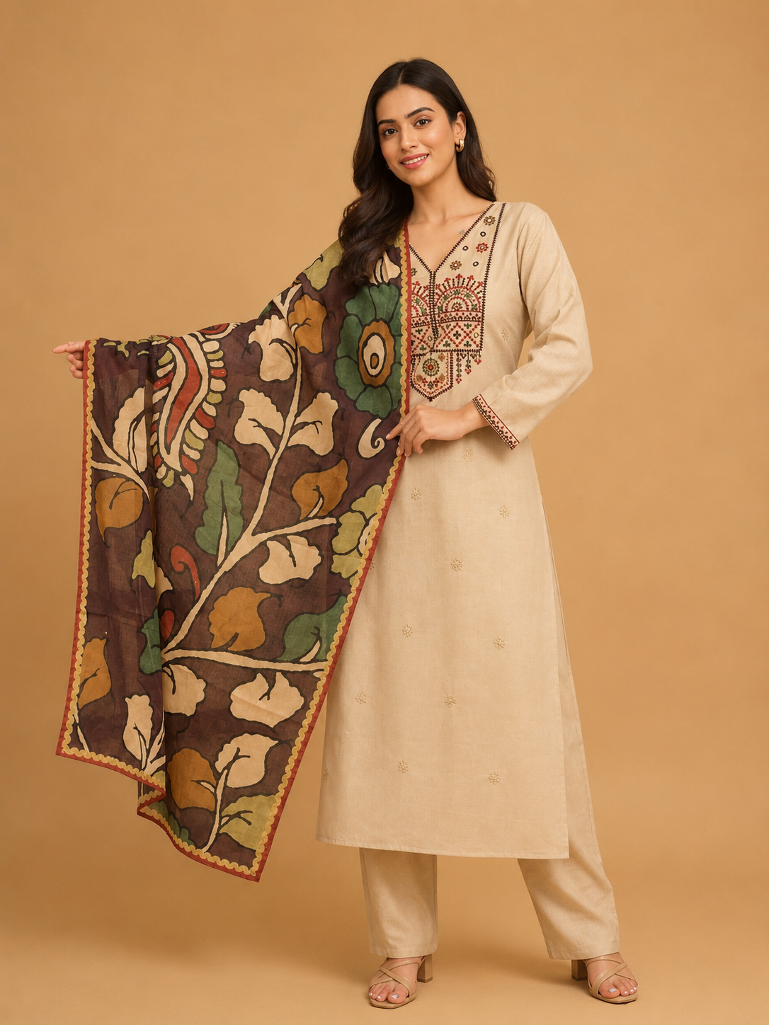 Elegant Kalamkari Embroidered Cotton Kurta Set