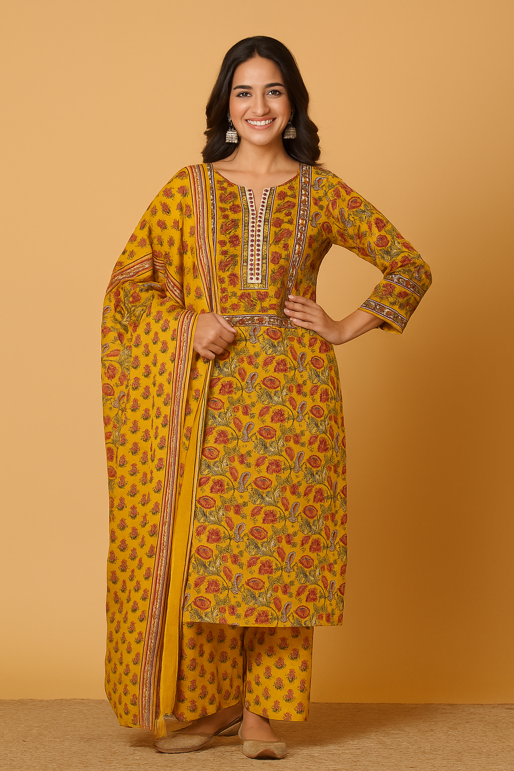 Cotton Suit With Embroidered Yoke - AZZLIAS WARDROBE