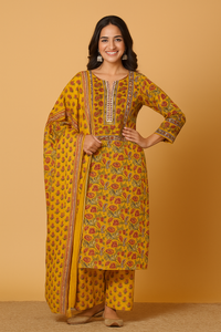 Cotton Suit With Embroidered Yoke - AZZLIAS WARDROBE