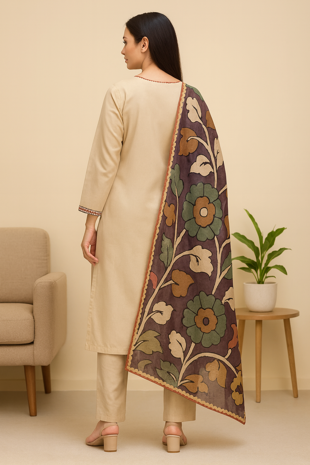 Elegant Kalamkari Embroidered Cotton Kurta Set - AZZLIAS WARDROBE