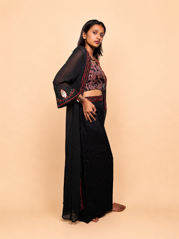 Black Crop Top Set With Long Jacket