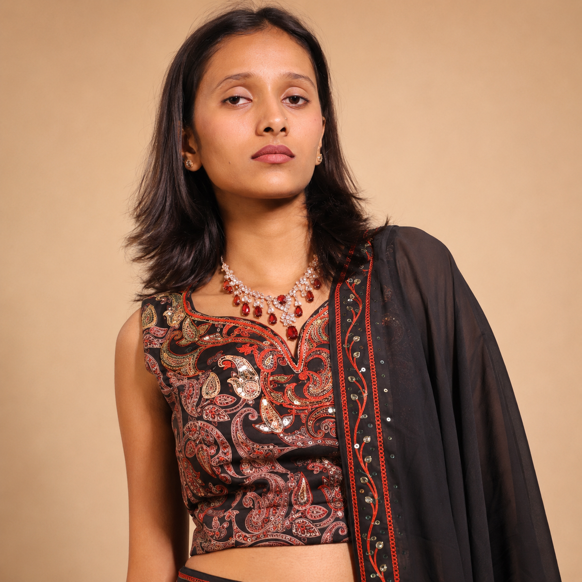 Black Crop Top Set With Long Jacket