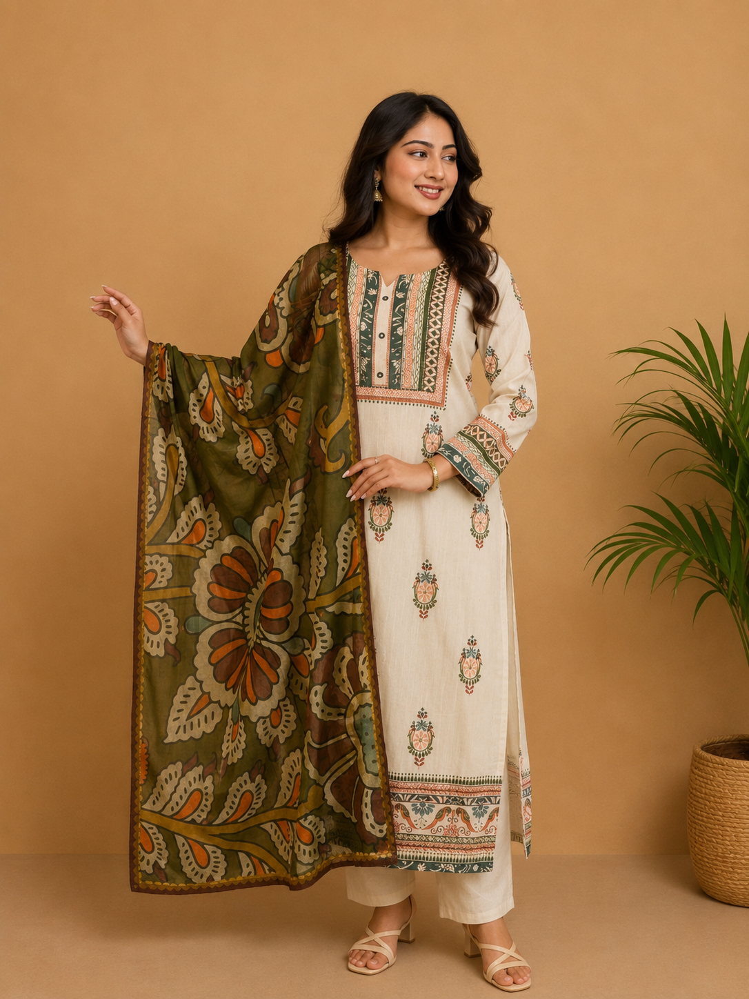 Cream Dress With Kalamkari Dupatta