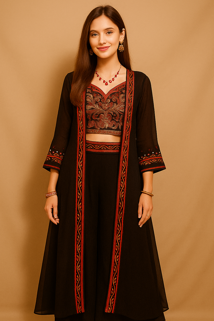 Black Crop Top Set With Long Jacket - AZZLIAS WARDROBE