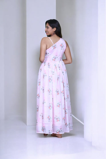 Pink Asymmetric Neckline Dress - AZZLIAS WARDROBE