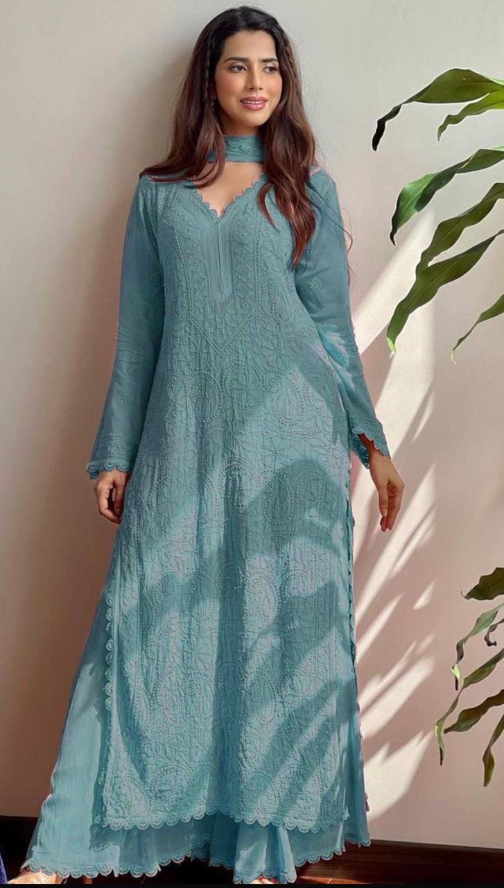 Teal Green Chikankari Ethnic Set - AZZLIAS WARDROBE