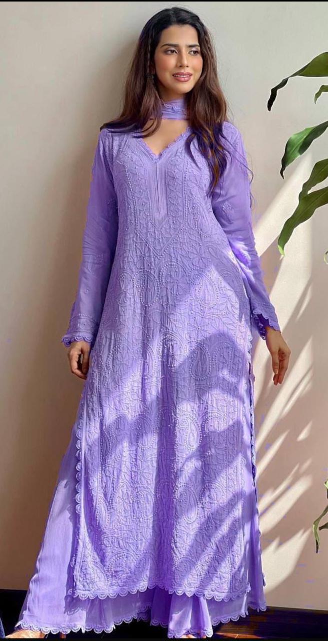 Lavender Chickankari Ethnic Set - AZZLIAS WARDROBE