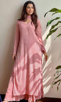 Peach Chikankari Ethnic Set - AZZLIAS WARDROBE