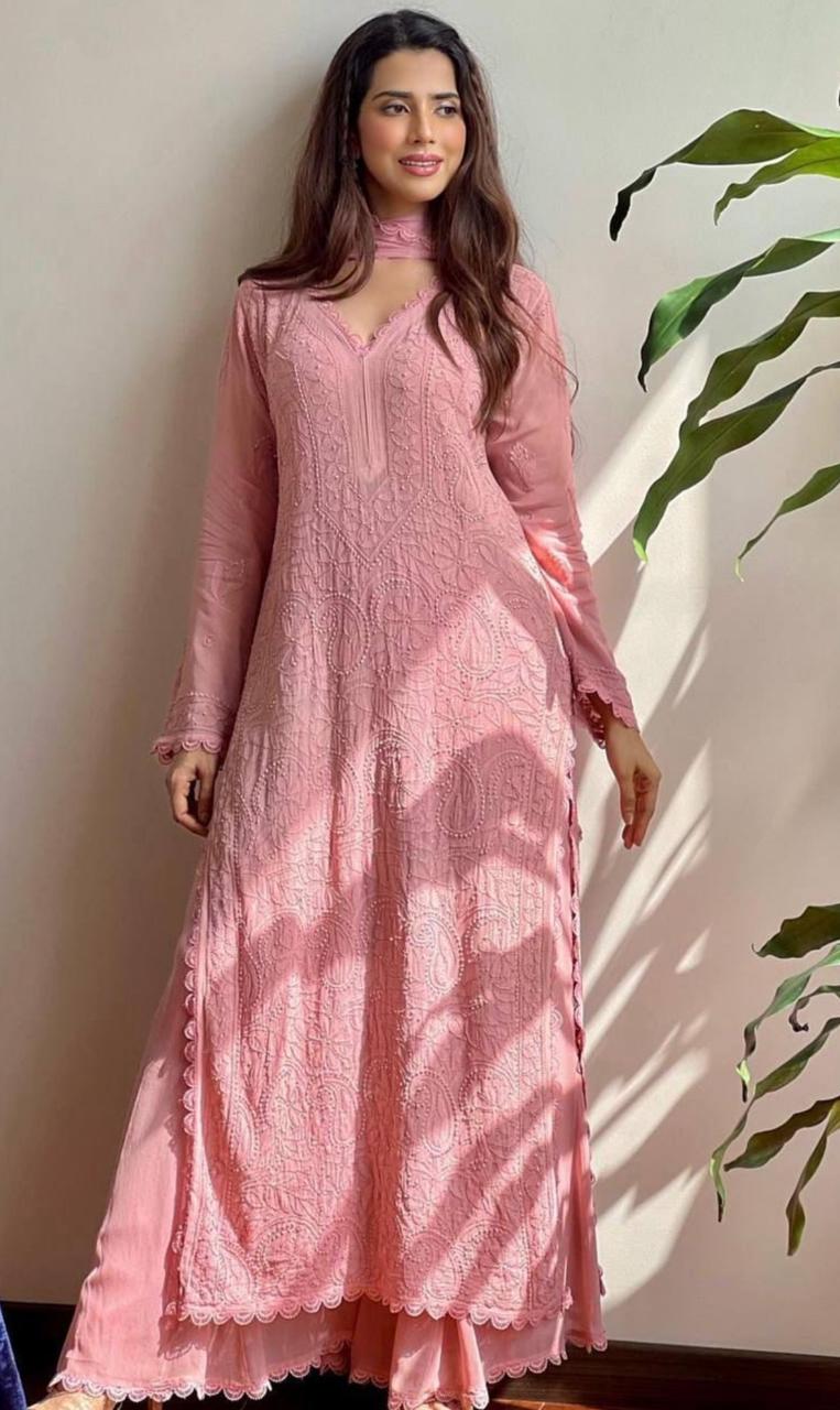 Peach Chikankari Ethnic Set - AZZLIAS WARDROBE